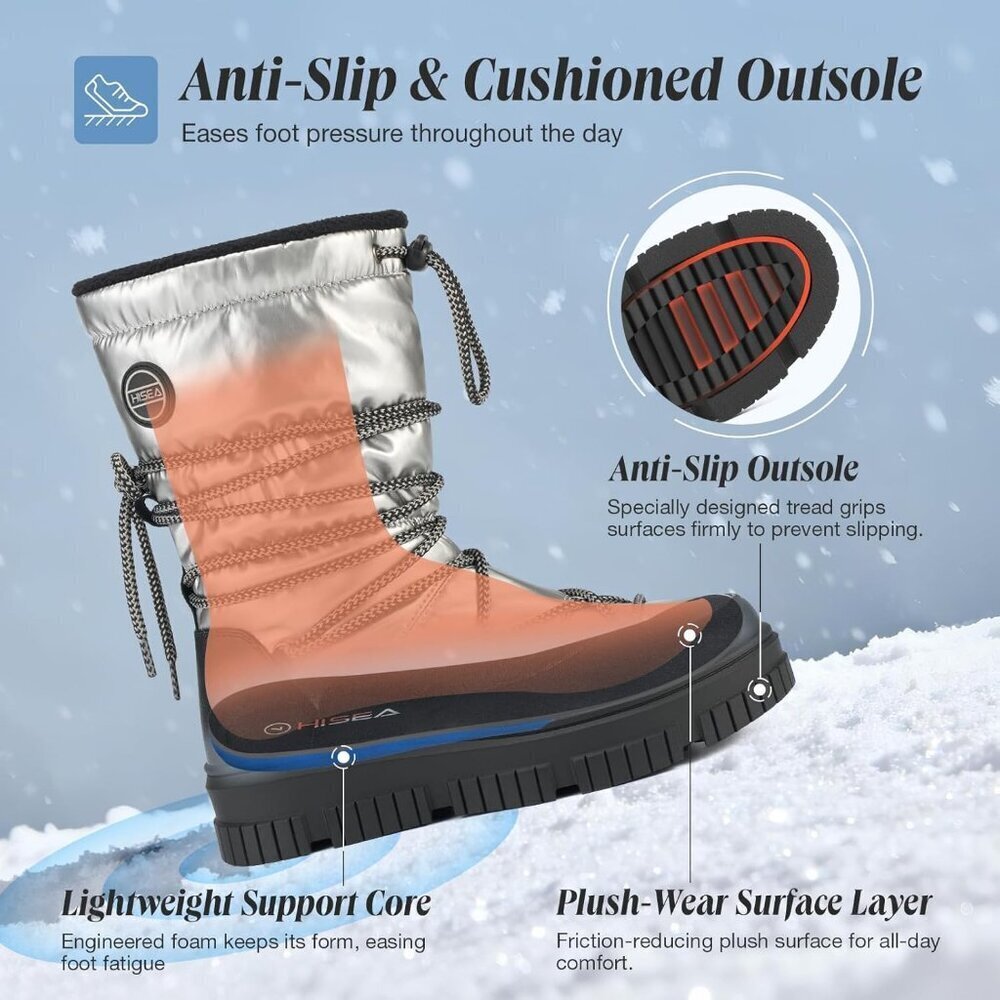 Women Grey Waterproof Fleece Lined Rain Boots for Winter Cold Weather - Picture 3 of 8